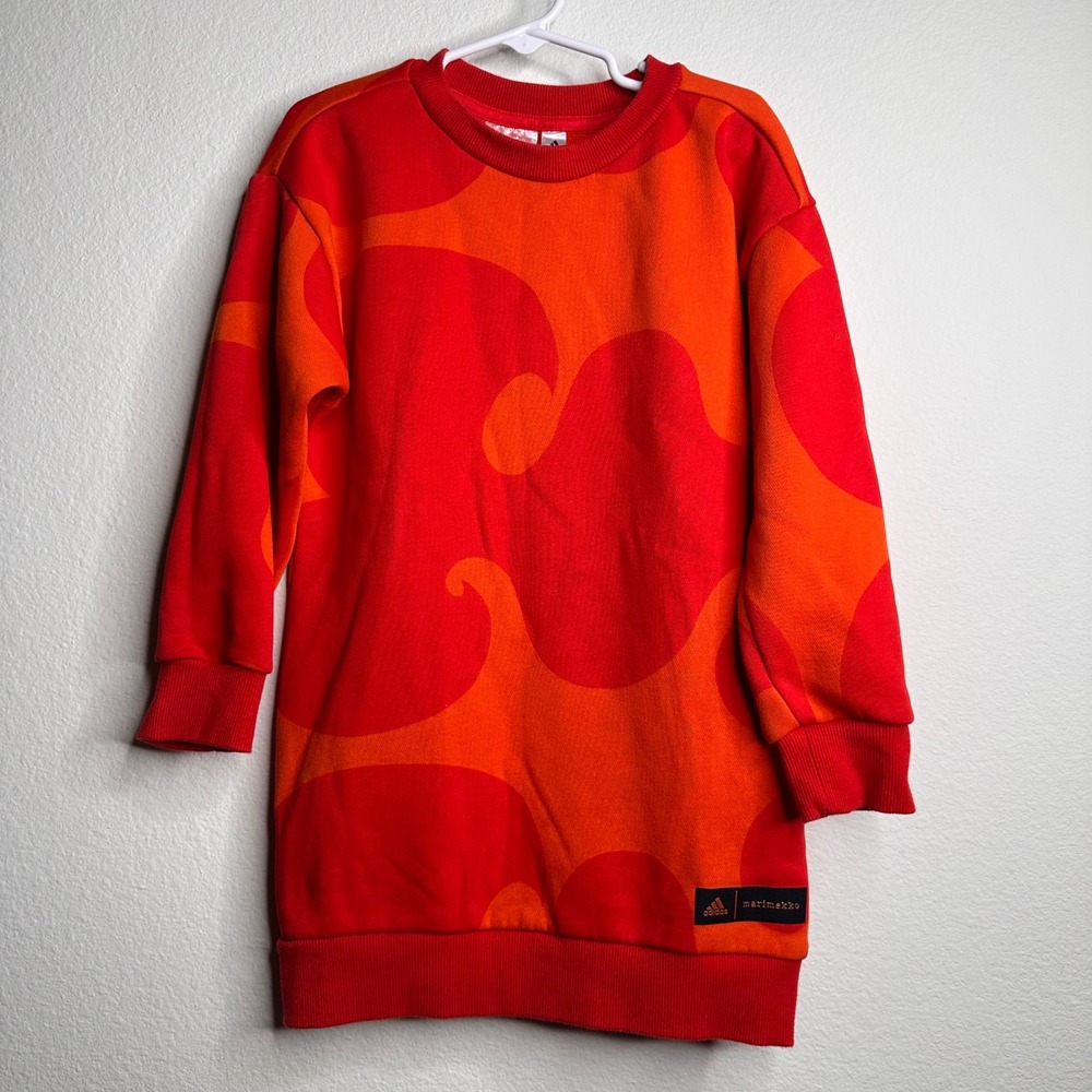 Adidas Marimekko Girls Red Orange Laine Wave Sweatshirt Dress Size‎ 5-6Y 2XS